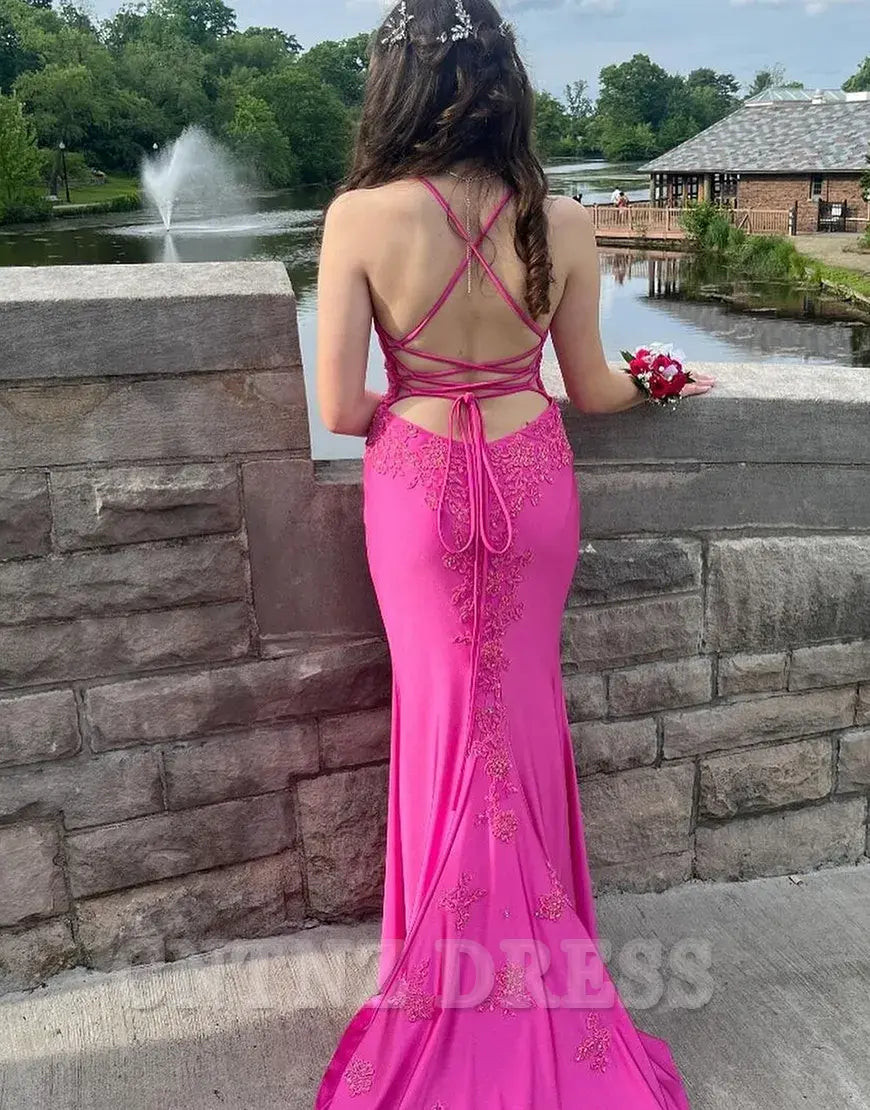Wholesa Mermaid Spaghetti Sparkly Straps Appliques Fuchsia Long formal dresses evening gown Prom Dress with Slit