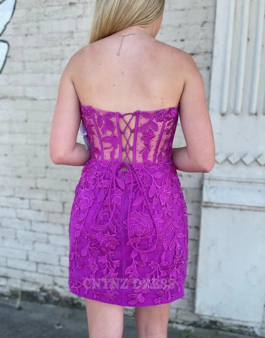 Wholesa Sheath Sweetheart Bodycon Lace Fuchsia Homecoming Dress formal dresses Bridesmaid Dresses evening gown Prom Dress