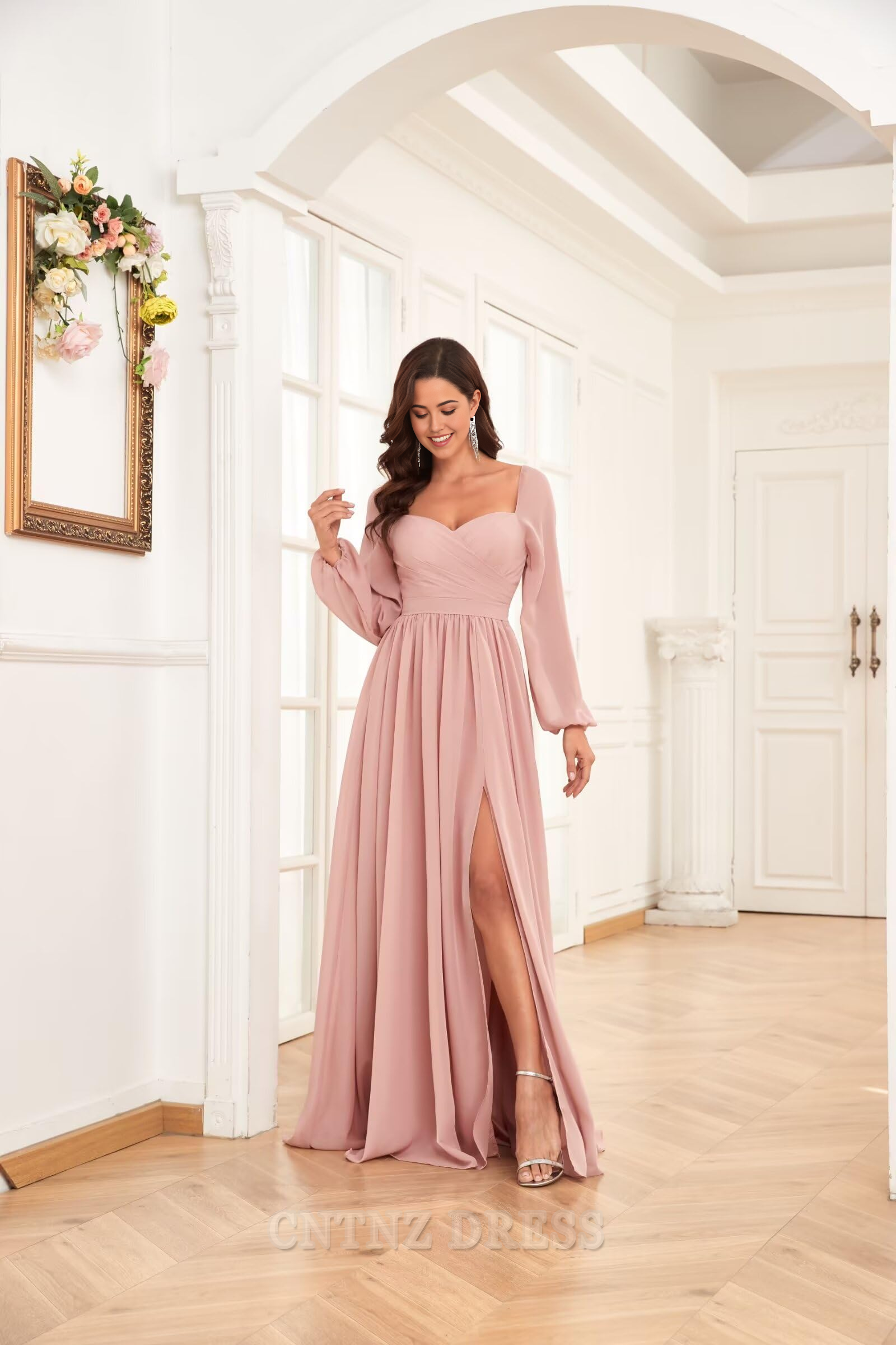 Wholesa A-line Long Sleeve Pleated Chiffon formal dresses Bridesmaid Dresses evening gown Prom Dress with Slit