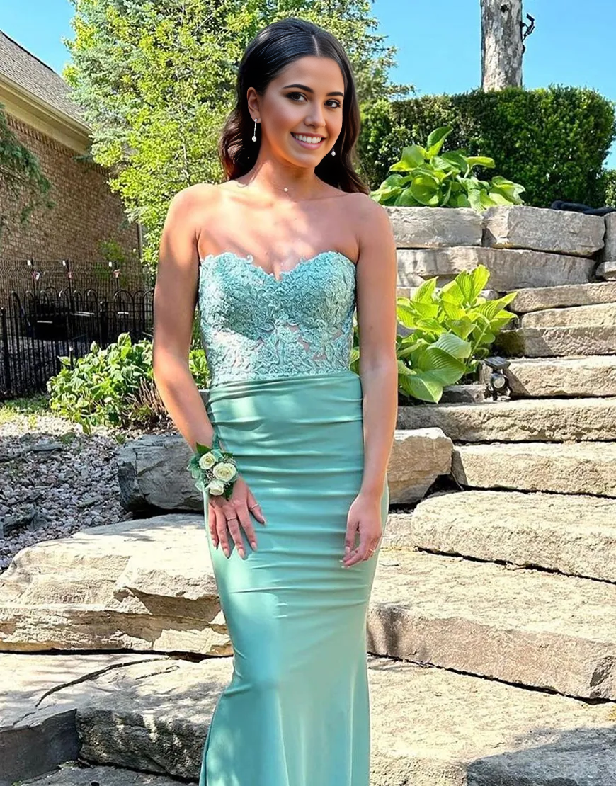 Wholesa Mermaid Sparkly Strapless Corset Long formal dresses evening gown Prom Dress with Appliques