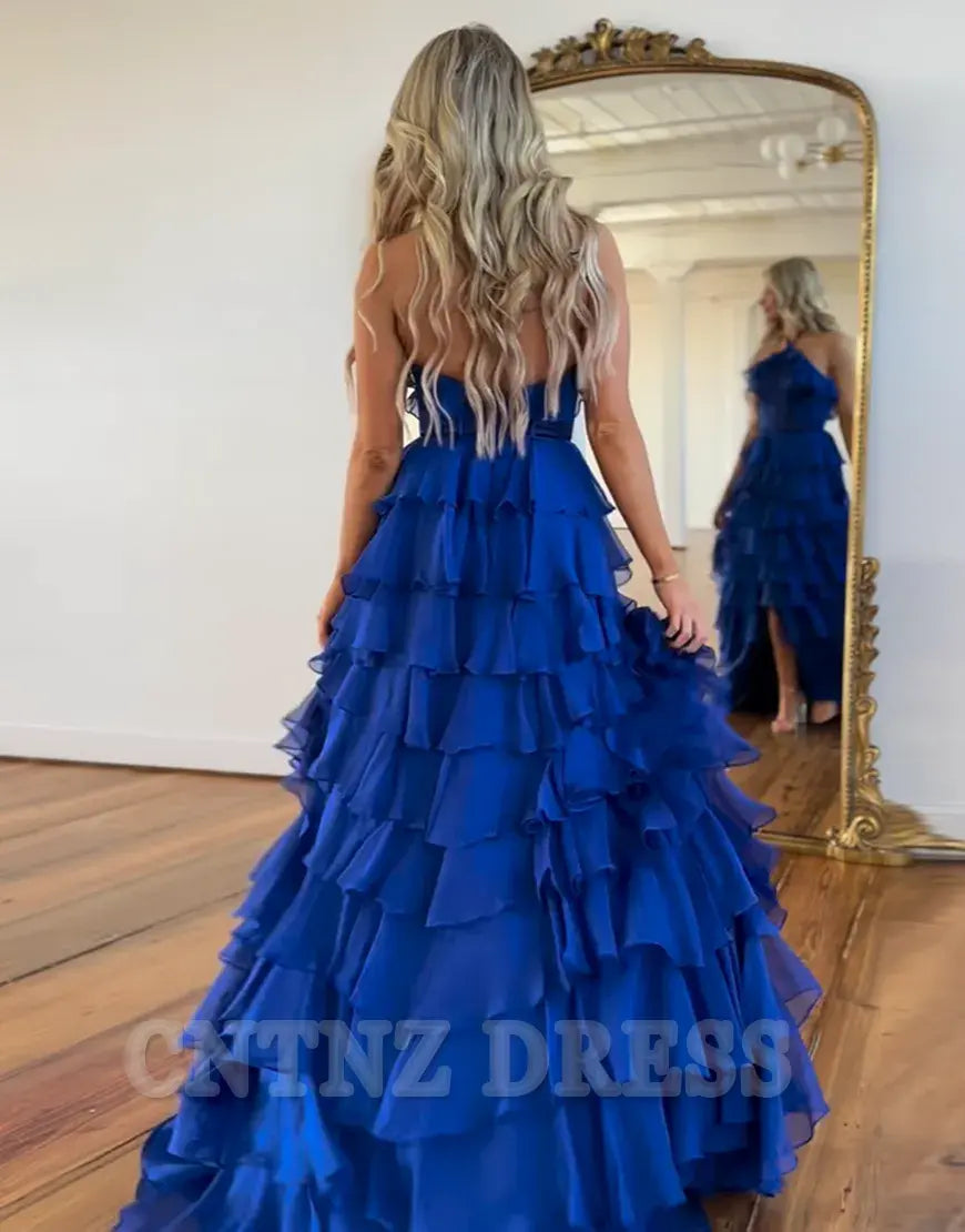 Wholesa A-Line Halter Corset Tiered Long Royal Blue formal dresses evening gown Prom Dress with Slit