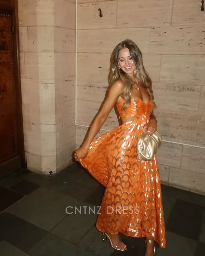 Wholesa A-line Spaghetti Straps Orange formal dresses Bridesmaid Dresses evening gown Prom Dress