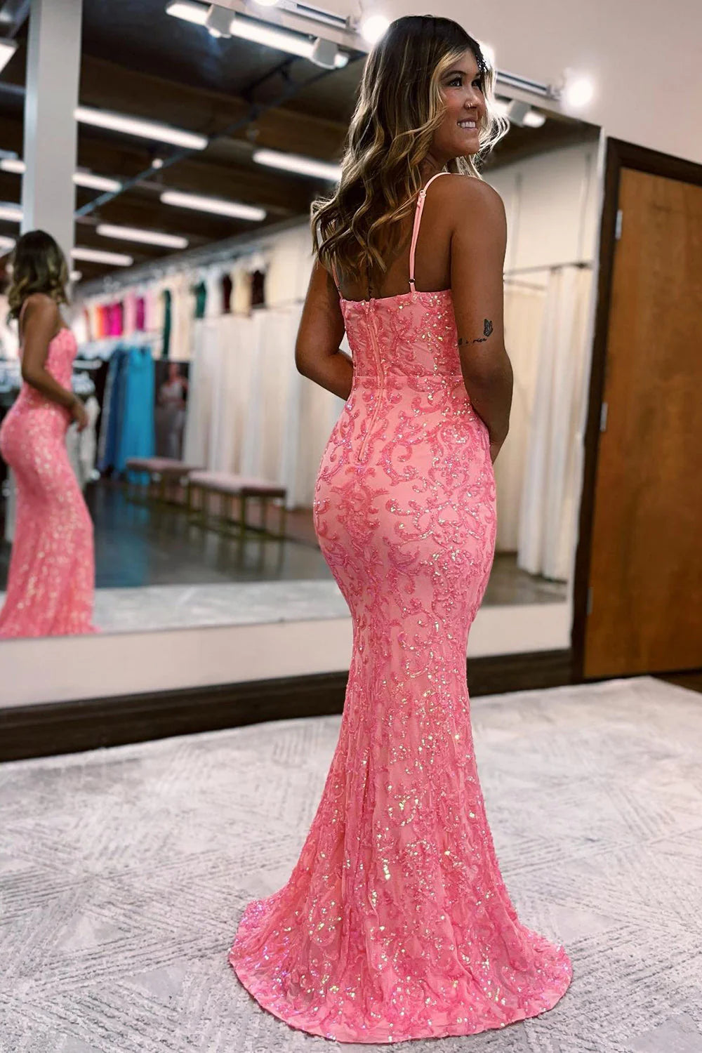 Wholesa Mermaid Spaghetti Straps Sequins Prom Dress