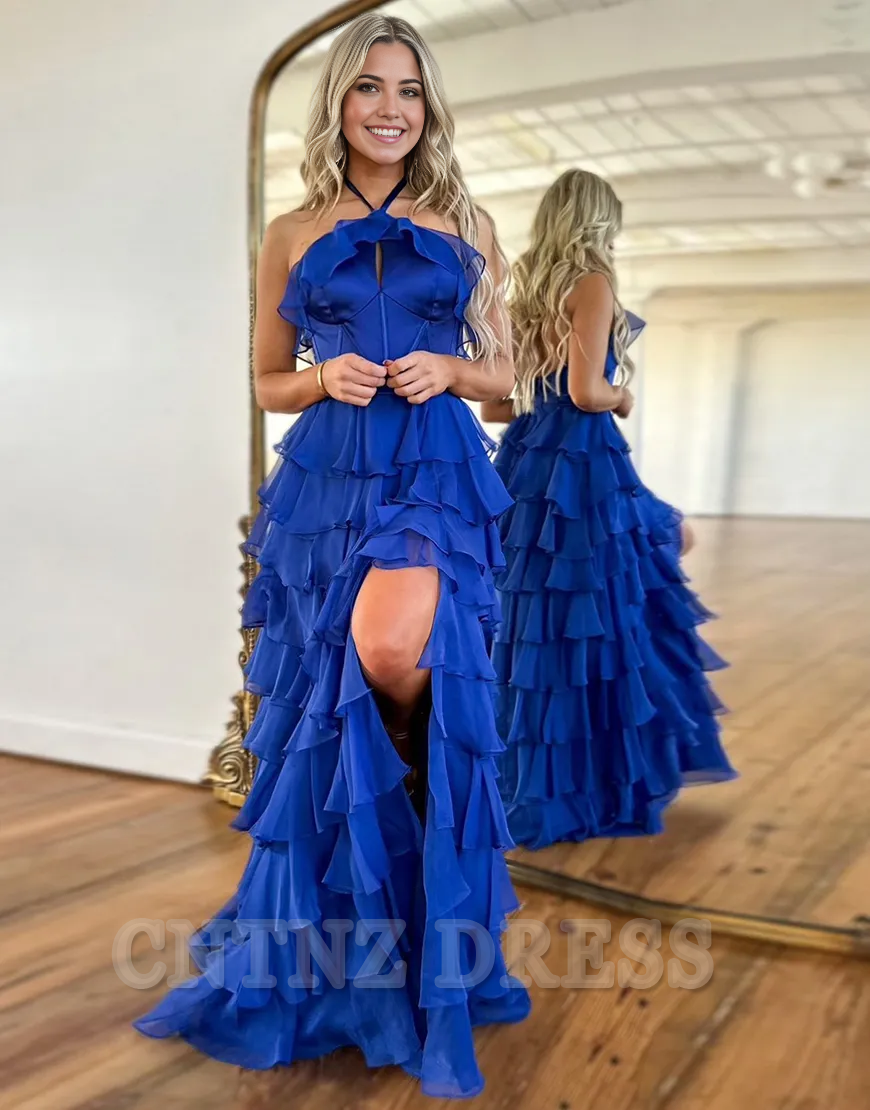 Wholesa A-Line Halter Corset Tiered Long Royal Blue formal dresses evening gown Prom Dress with Slit