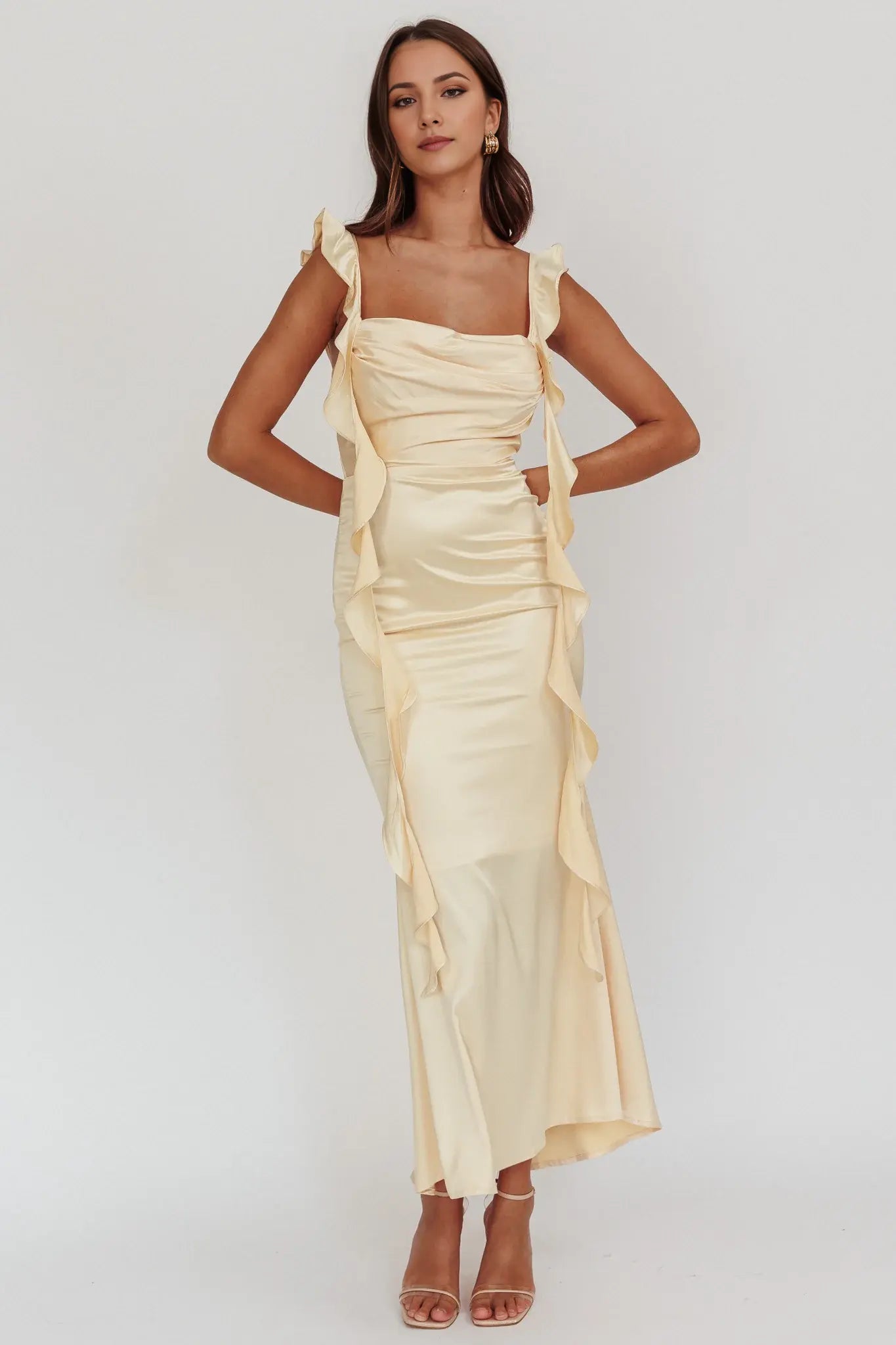 Exquisite Mermaid Adjustable Flounce Ruffle Straps Square Neck Pleating Detail On Bust Backless Chic Long Wedding Guest Dress Hot Sale Prom Dress