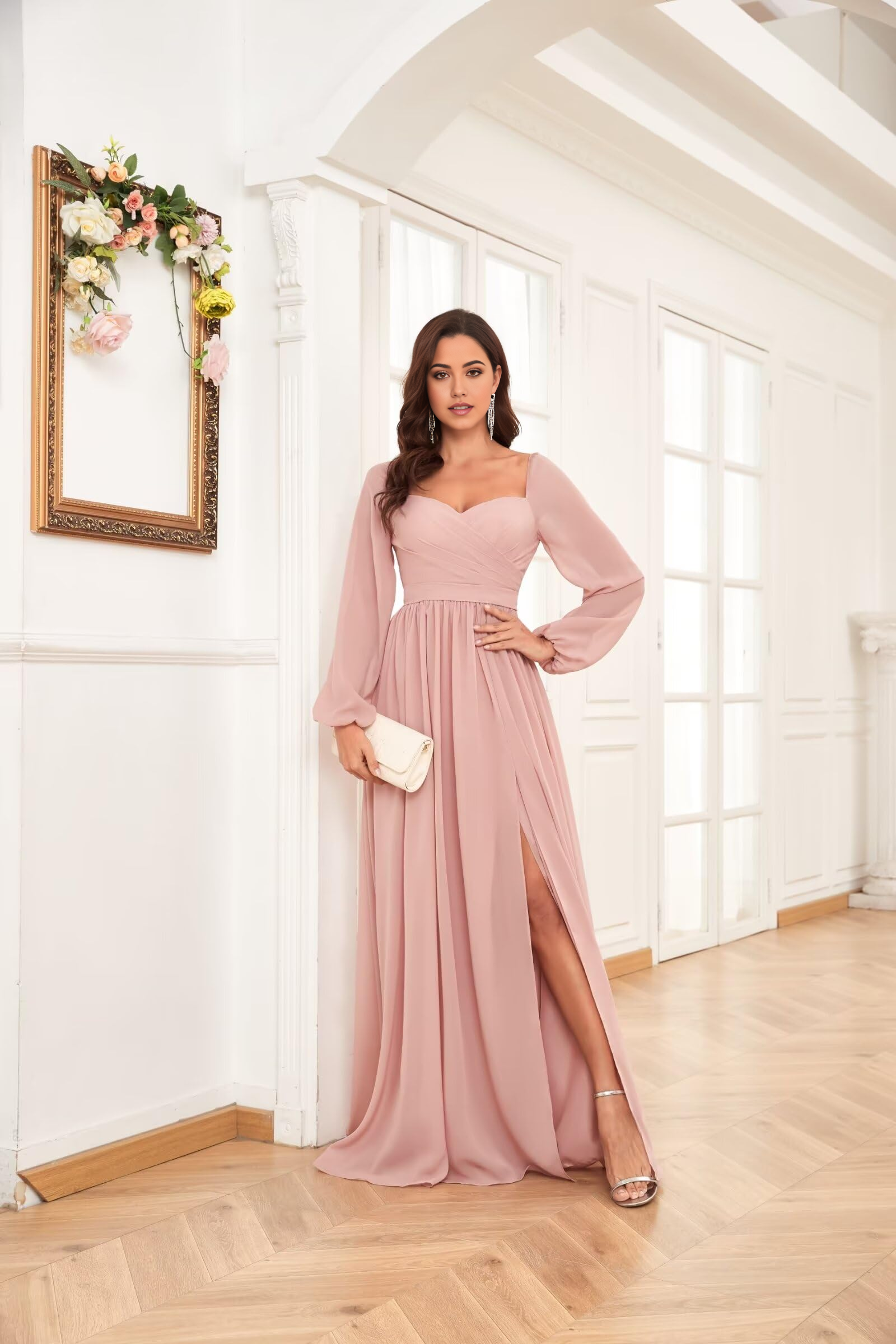 Wholesa A-line Long Sleeve Pleated Chiffon formal dresses Bridesmaid Dresses evening gown Prom Dress with Slit