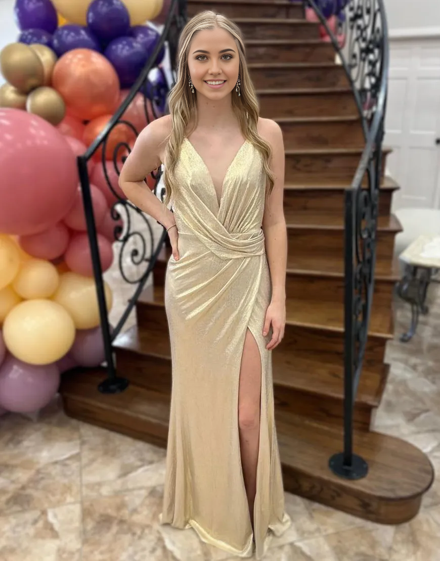 Wholesa Mermaid V Neck Ruched Open Back Gold Long formal dresses Bridesmaid Dresses evening gown Prom Dress with Slit