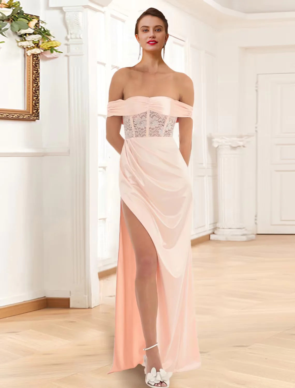 Wholesa Mermaid / Trumpet Prom Dresses Corsets Dress Party Wear Floor Length Sleeveless Off Shoulder Lace with Slit Appliques