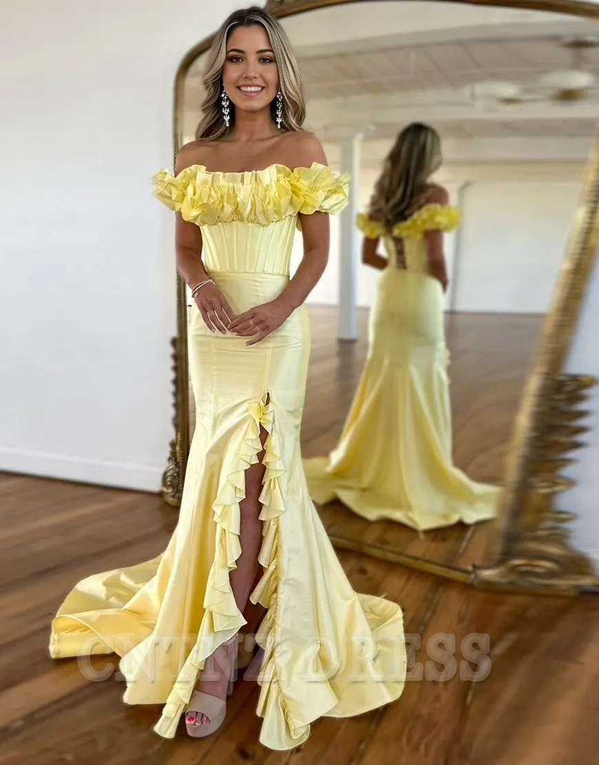 Wholesa Mermaid Ruffled Off the Shoulder Corset Yellow Long formal dresses evening gown Prom Dress with Slit