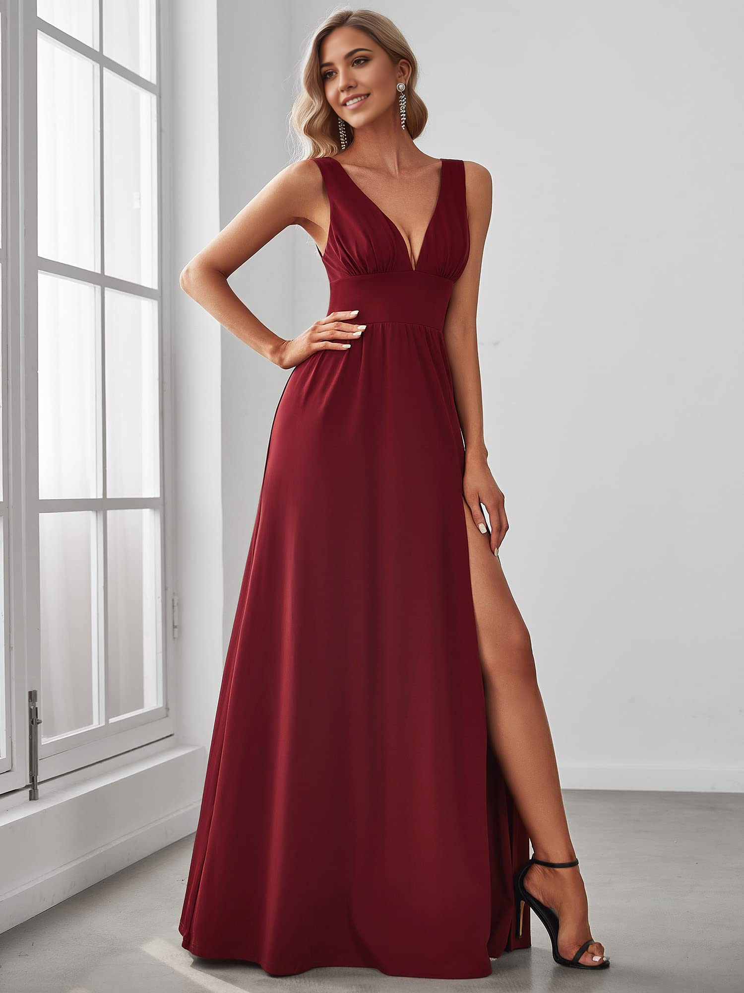 Wholesa A-line Deep V-Neck Sleeveless Side Slit Floor Length formal dresses Bridesmaid Dresses evening gown Prom Dress