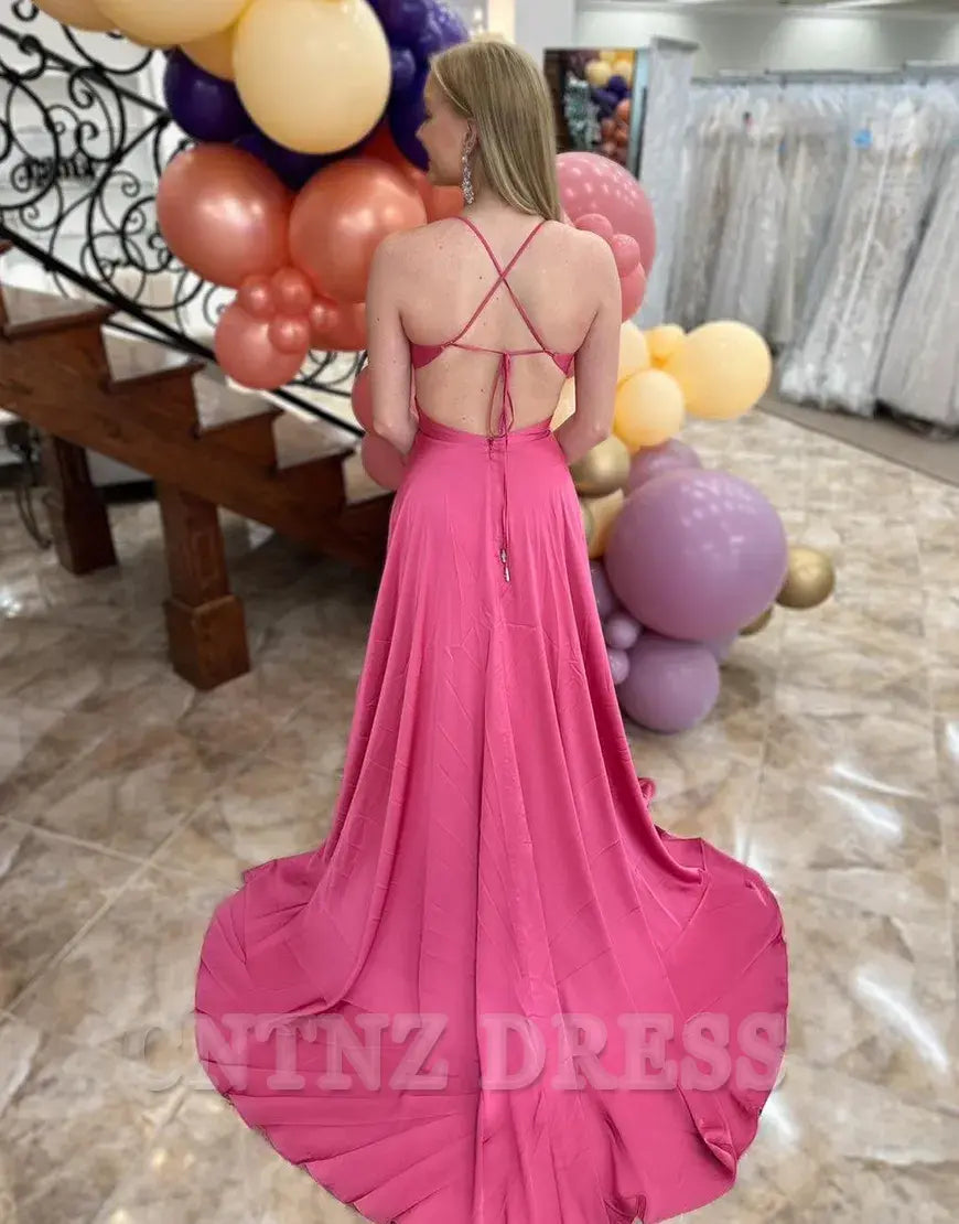 Wholesa A-Line Spaghetti Straps Criss-Cross Back Fuchsia Long formal dresses Bridesmaid Dresses evening gown Prom Dress