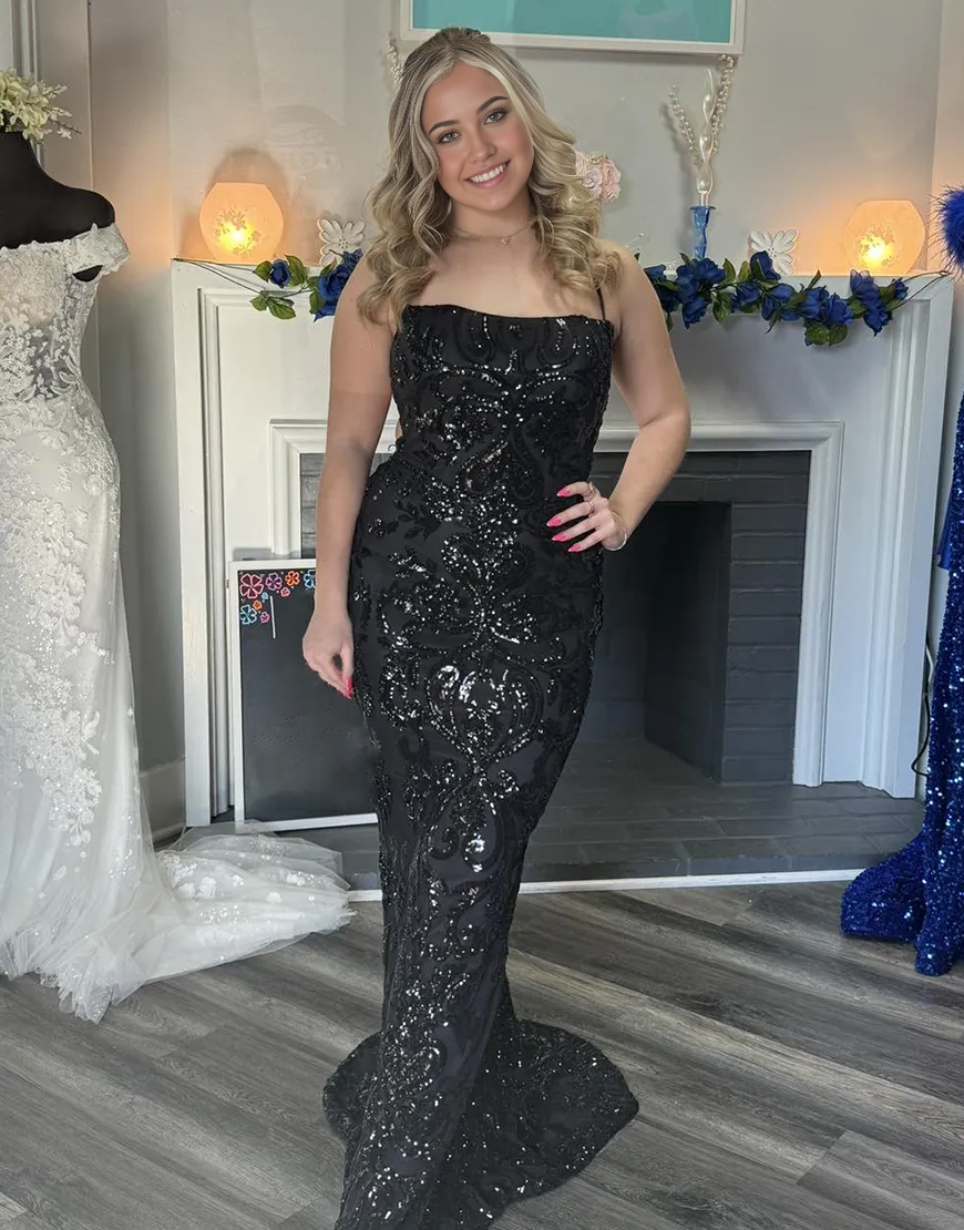 Wholesa Mermaid Spaghetti Straps Sequined Sparkly Black Long formal dresses evening gown Prom Dress