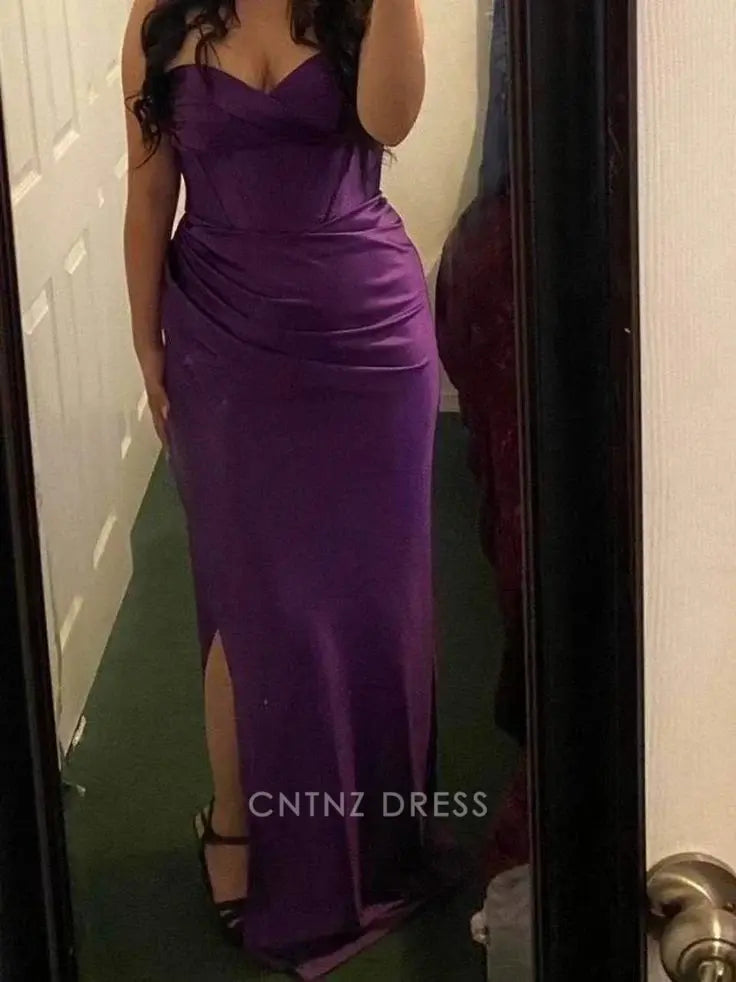 Wholesa Sheath Strapless Vintage Slit Satin Purple formal dresses Bridesmaid Dresses evening gown Prom Dress