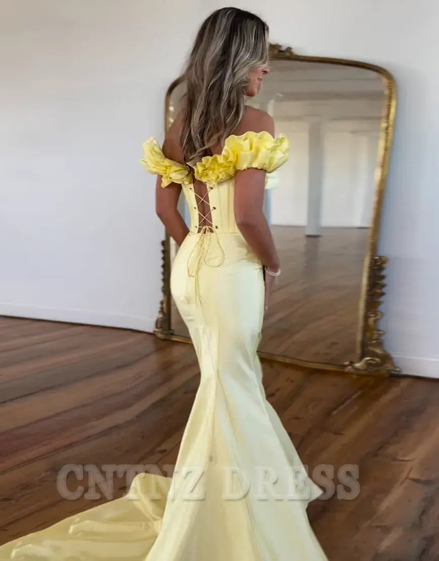 Wholesa Mermaid Ruffled Off the Shoulder Corset Yellow Long formal dresses evening gown Prom Dress with Slit