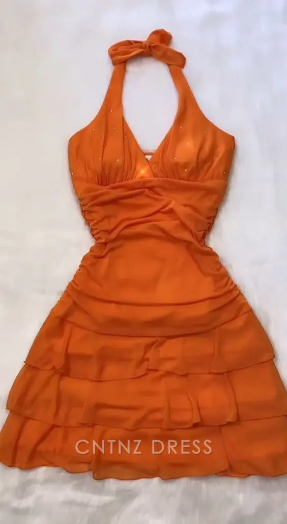 Wholesa A-line Halter Orange Homecoming Dress formal dresses Bridesmaid Dresses evening gown Prom Dress