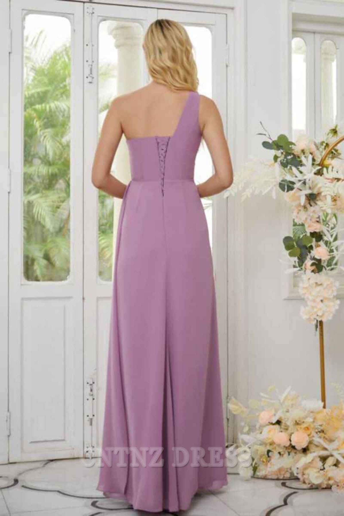 Wholesa A Line One Shoulder Ruched Chiffon formal dresses Bridesmaid Dresses evening gown Prom Dress with Slit