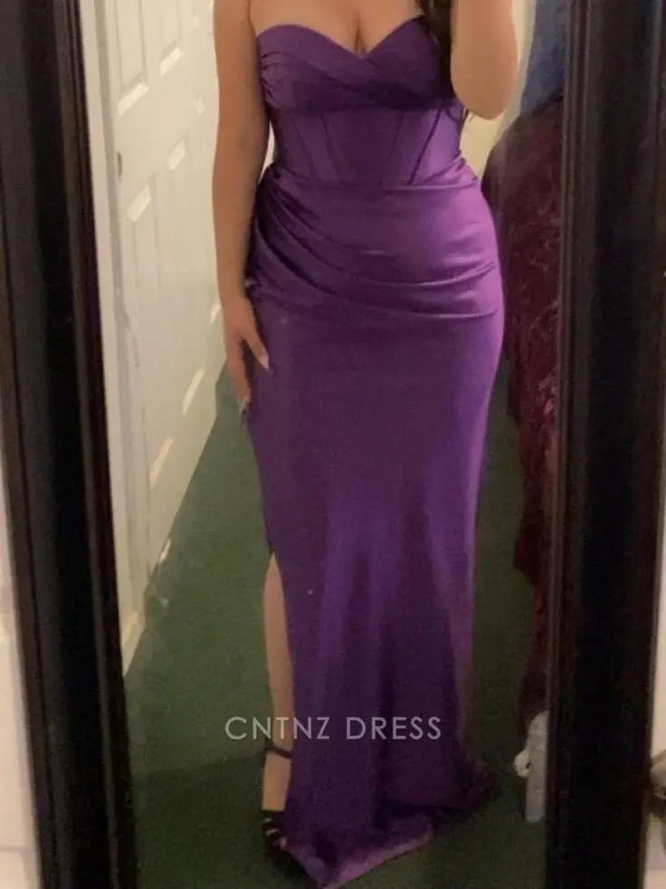 Wholesa Sheath Strapless Vintage Slit Satin Purple formal dresses Bridesmaid Dresses evening gown Prom Dress