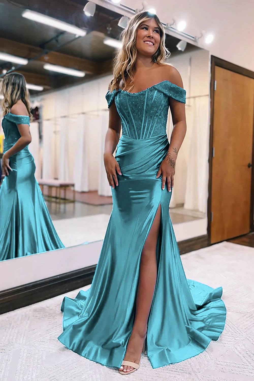 Wholesa Mermaid Sparkly Corset Detachable Neck Long Prom Dress with Slit