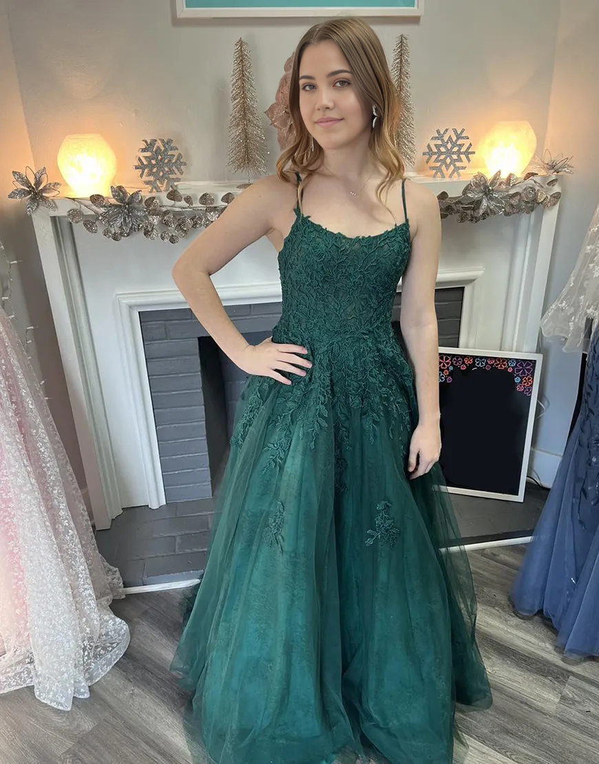 Wholesa A-Line Spaghetti Straps Tulle Long Dark Green formal dresses evening gown Prom Dress with Appliques