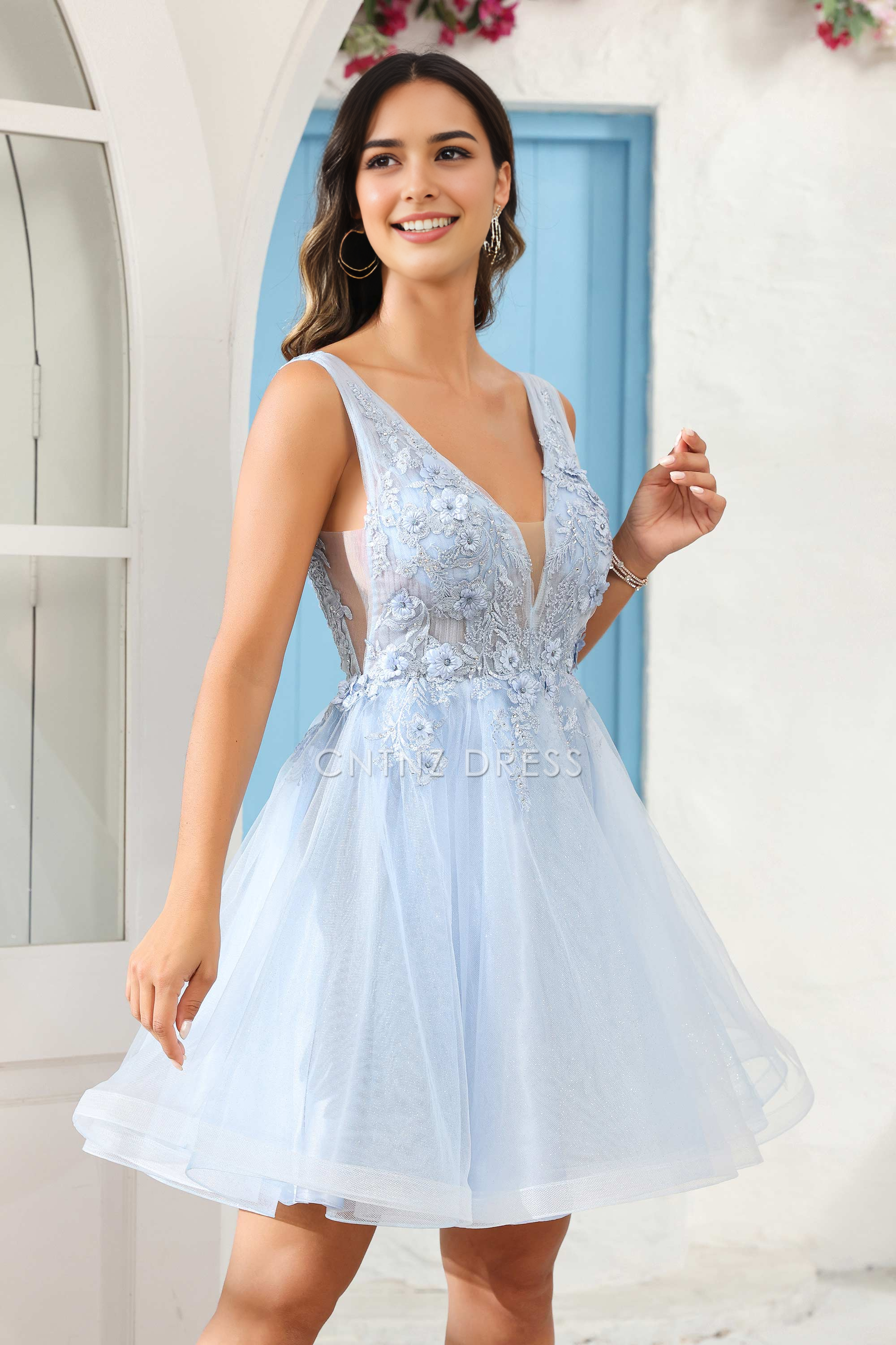 CNTNZ DRESS Elegant A Line Deep V Neck Sleeveless 3D Floral Applique Beaded Fashion Mini Dress Hot Sale Homecoming Dress