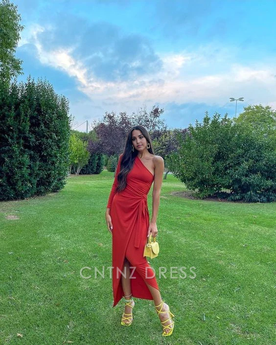 Wholesa Sheath One Sleeve Red Long formal dresses Bridesmaid Dresses evening gown Prom Dress With Split