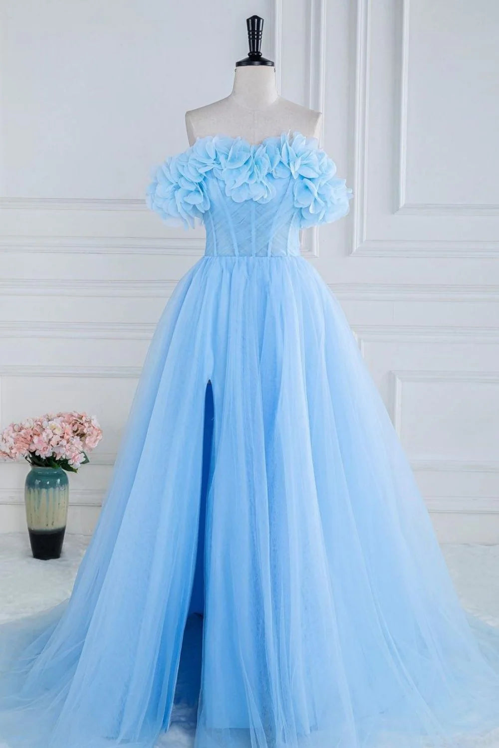 Wholesa A-Line 3D Flowers Strapless Long Tulle Prom Dress