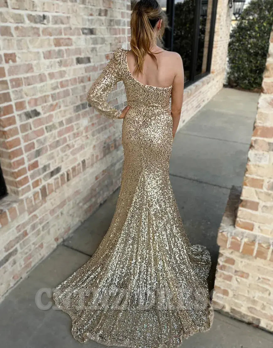Wholesa Mermaid Sparkly One Shoulder Sequins Long Sleeves Gold Long formal dresses Bridesmaid Dresses evening gown Prom Dress with Slit