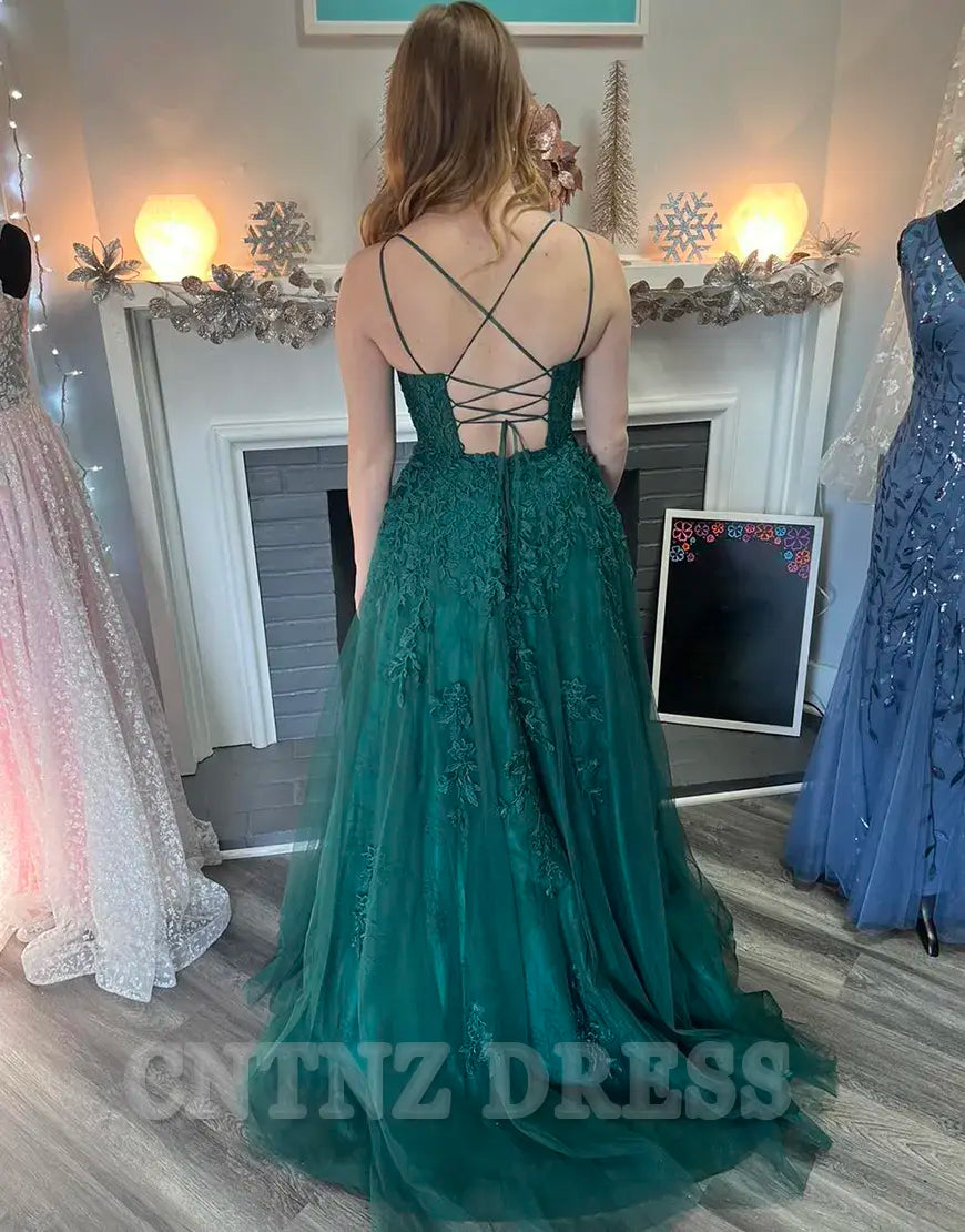 Wholesa A-Line Spaghetti Straps Tulle Long Dark Green formal dresses evening gown Prom Dress with Appliques