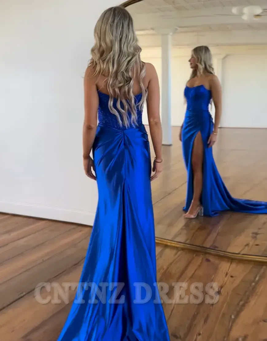 Wholesa Mermaid Sparkly Strapless Beaded Ruched Satin Royal Blue Long formal dresses evening gown Prom Dress with Slit