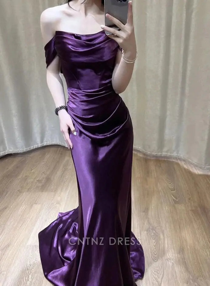 Wholesa Mermaid Off Shoulder Purple Satin Long formal dresses Bridesmaid Dresses evening gown Prom Dress