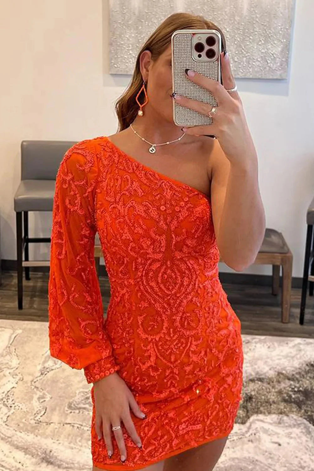 Wholesa A-line One Shoulder Long Sleeve Sequins Embroidered Homecoming Dress