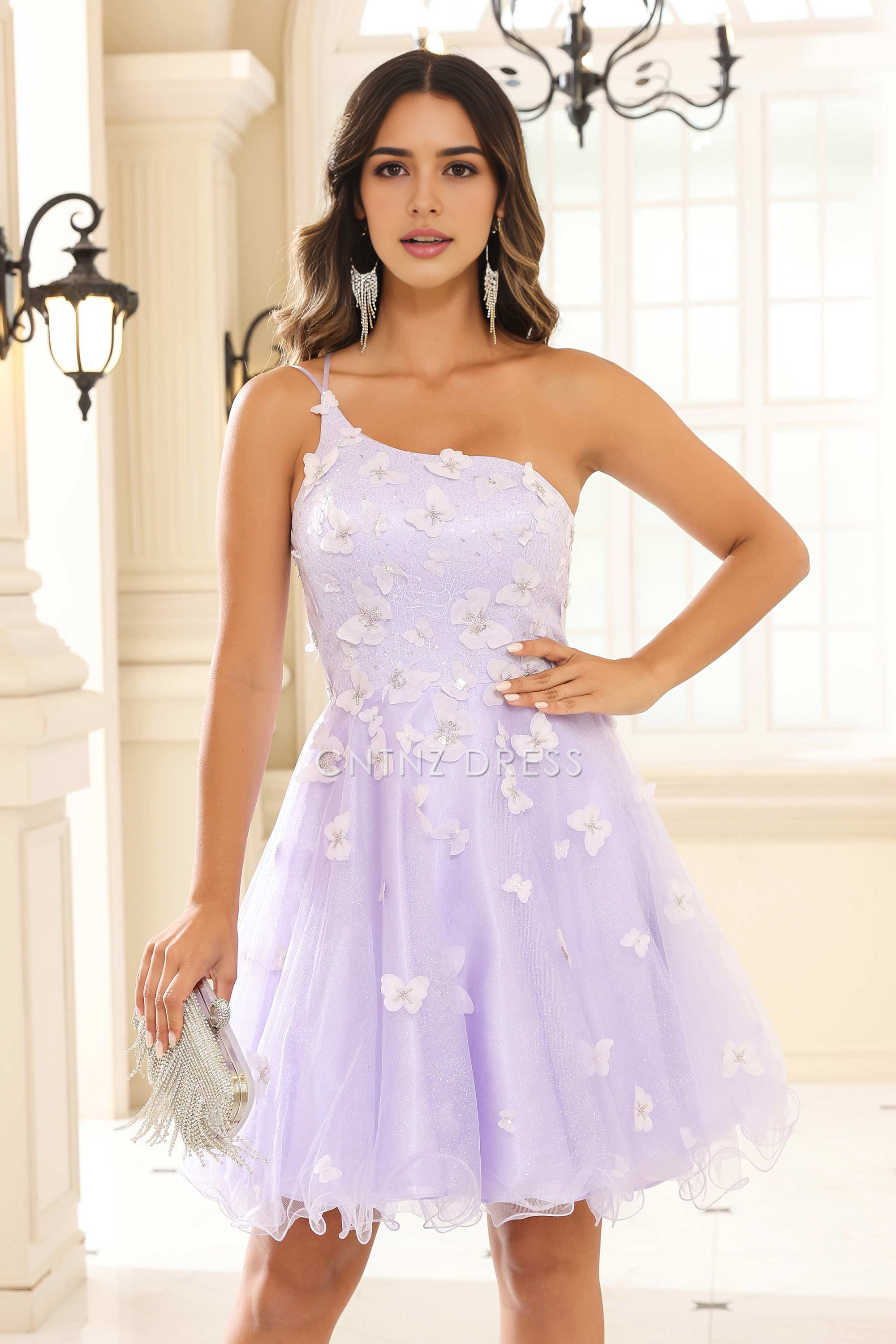 CNTNZ DRESS Unique A-Line One-Shoulder Spaghetti Straps 3D Butterfly decal Ruffles Fashion Mini Dress Hot Sale Homecoming Dress