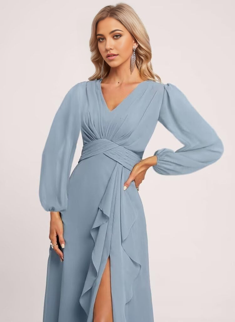Wholesa A-line V Neck Ruffle Long Sleeve Pleated formal dresses Bridesmaid Dresses evening gown Prom Dress with Slit