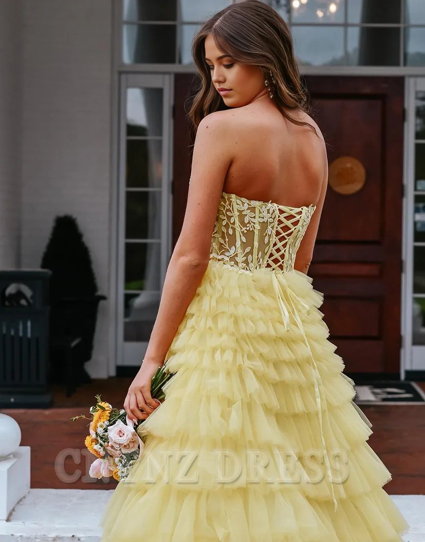 Wholesa A-Line Strapless Corset Tiered Long Yellow formal dresses evening gown Prom Dress with Appliques