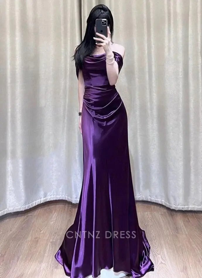 Wholesa Mermaid Off Shoulder Purple Satin Long formal dresses Bridesmaid Dresses evening gown Prom Dress