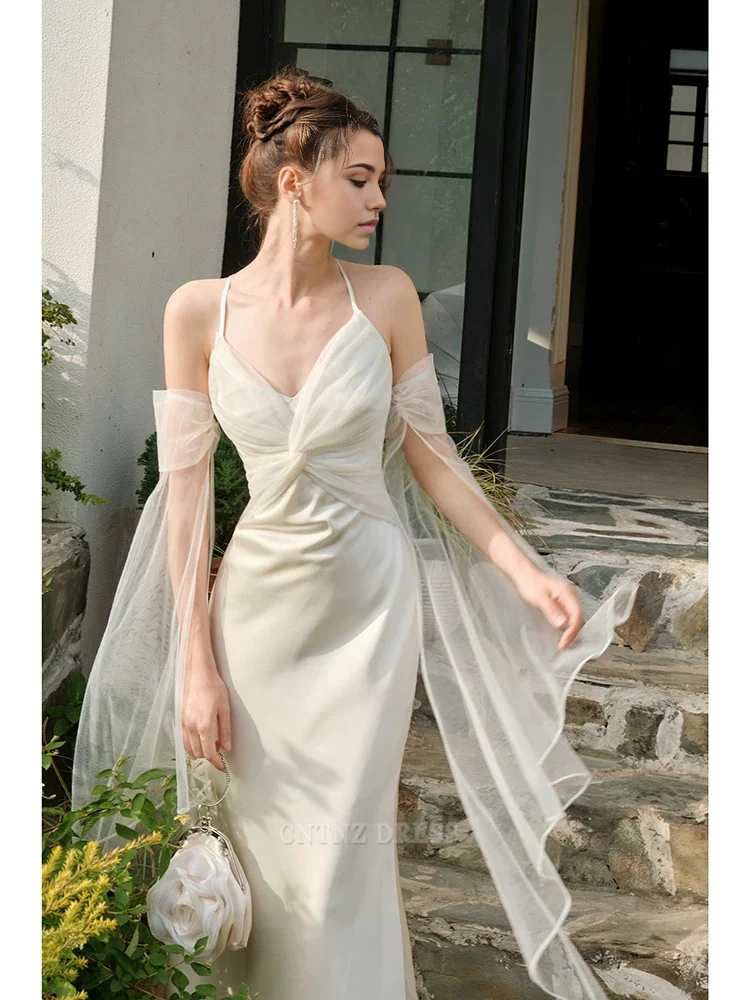 Wholesa Mermaid Spaghetti Straps White Long formal dresses Bridesmaid Dresses evening gown Prom Dress