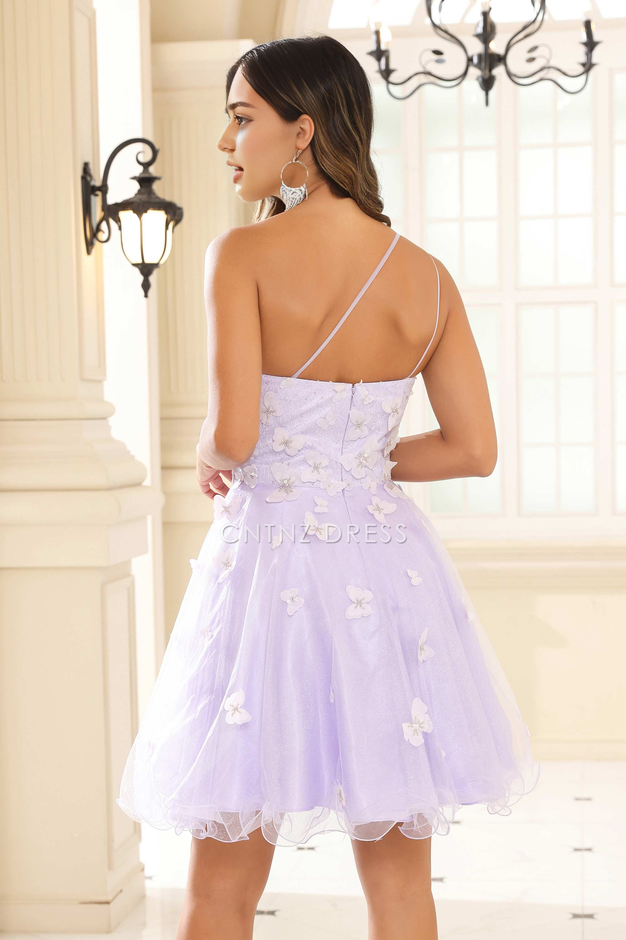 CNTNZ DRESS Unique A-Line One-Shoulder Spaghetti Straps 3D Butterfly decal Ruffles Fashion Mini Dress Hot Sale Homecoming Dress