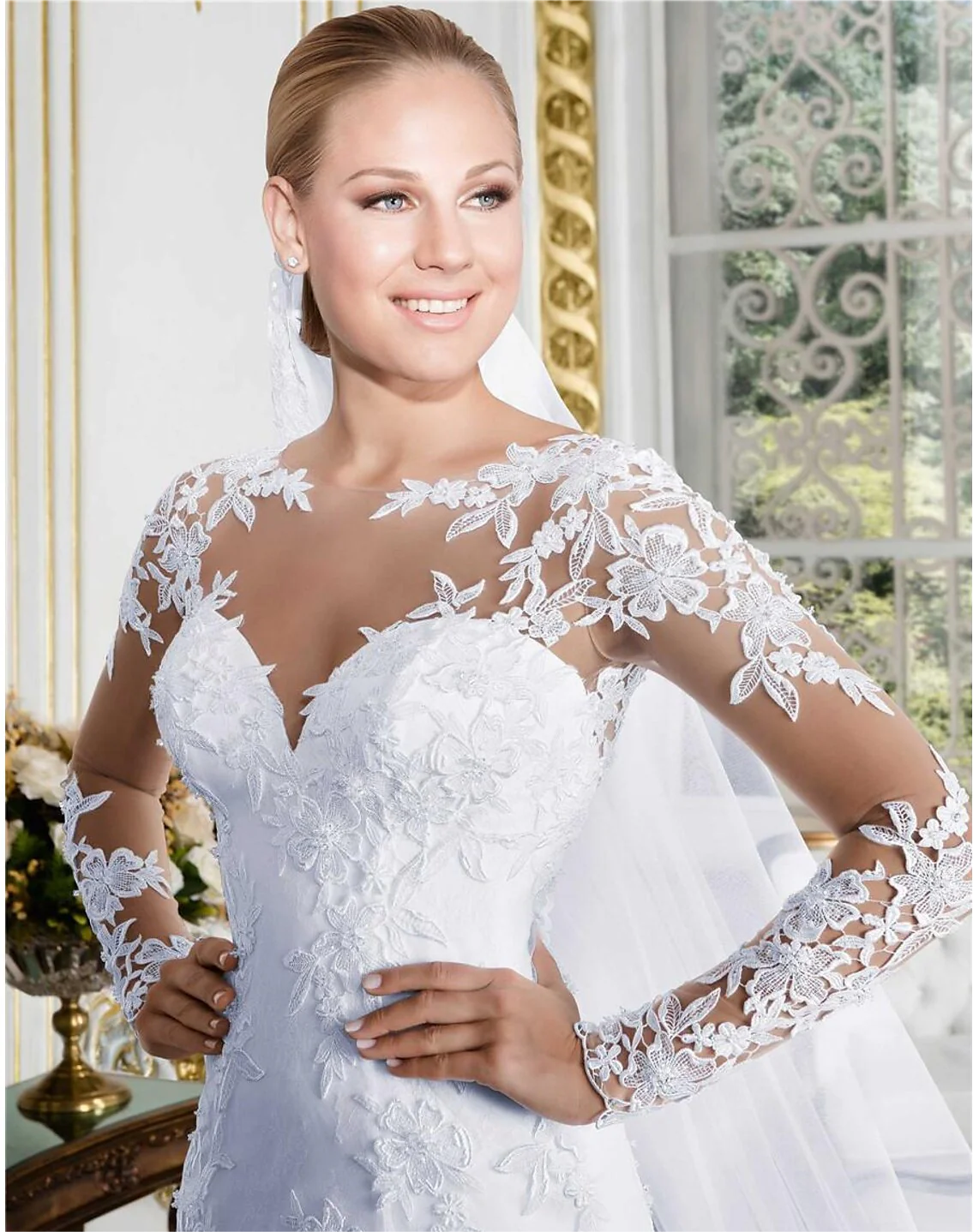 wholesale  Engagement Formal Fall Wedding Dresses Mermaid / Trumpet Illusion Neck Long Sleeve Court Train Lace Bridal Gowns