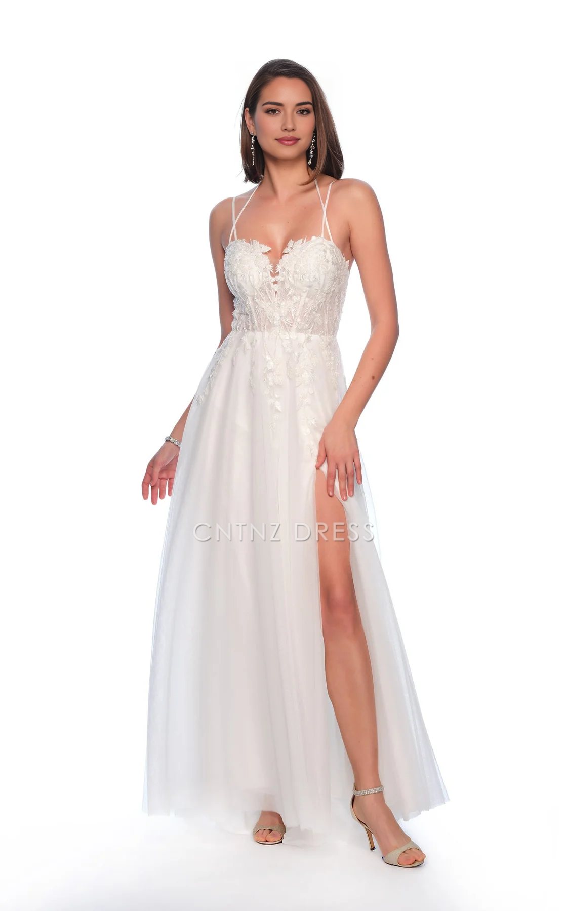 CNTNZ DRESS Exquisite A Line Sweetheart Neckline Spaghetti Strap Lace Applique Side Fork Backless Romantic Hot Sale Wedding Dress