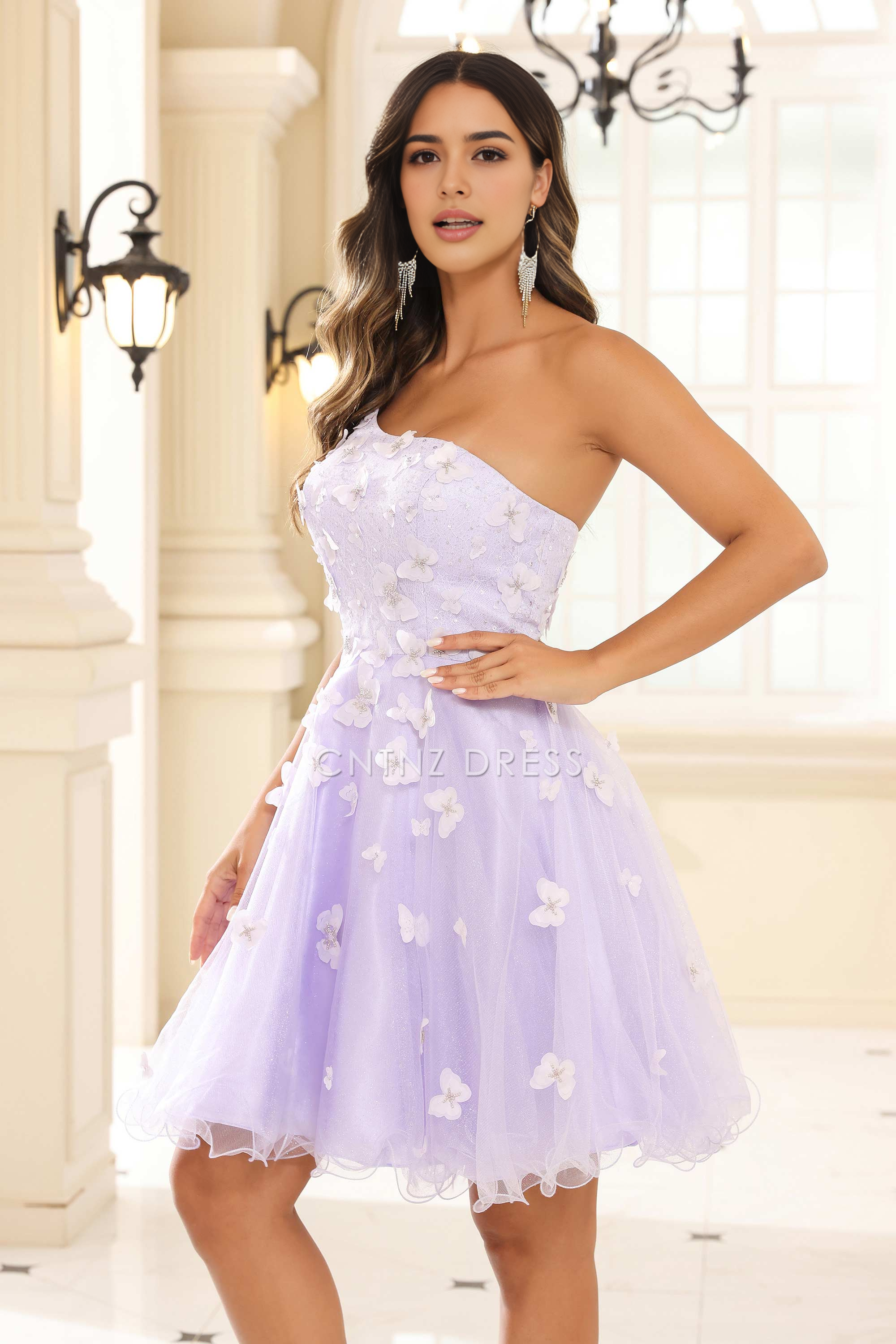 CNTNZ DRESS Unique A-Line One-Shoulder Spaghetti Straps 3D Butterfly decal Ruffles Fashion Mini Dress Hot Sale Homecoming Dress
