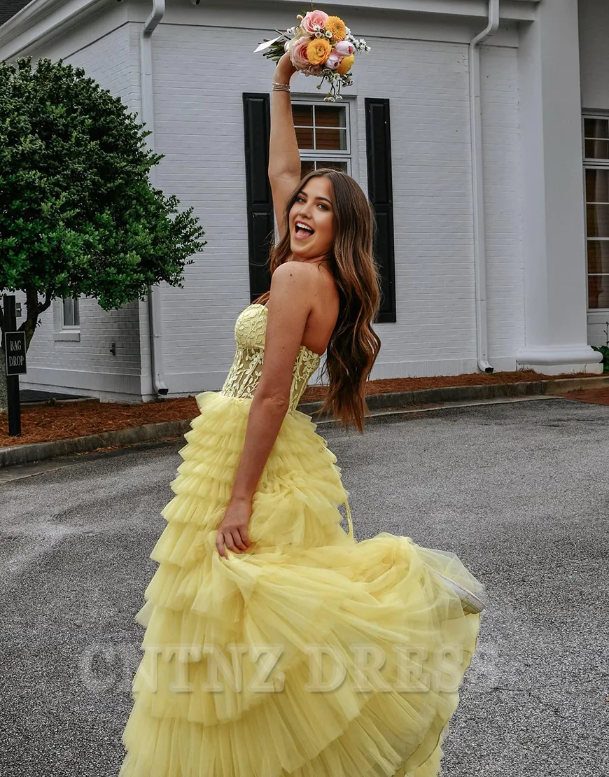Wholesa A-Line Strapless Corset Tiered Long Yellow formal dresses evening gown Prom Dress with Appliques