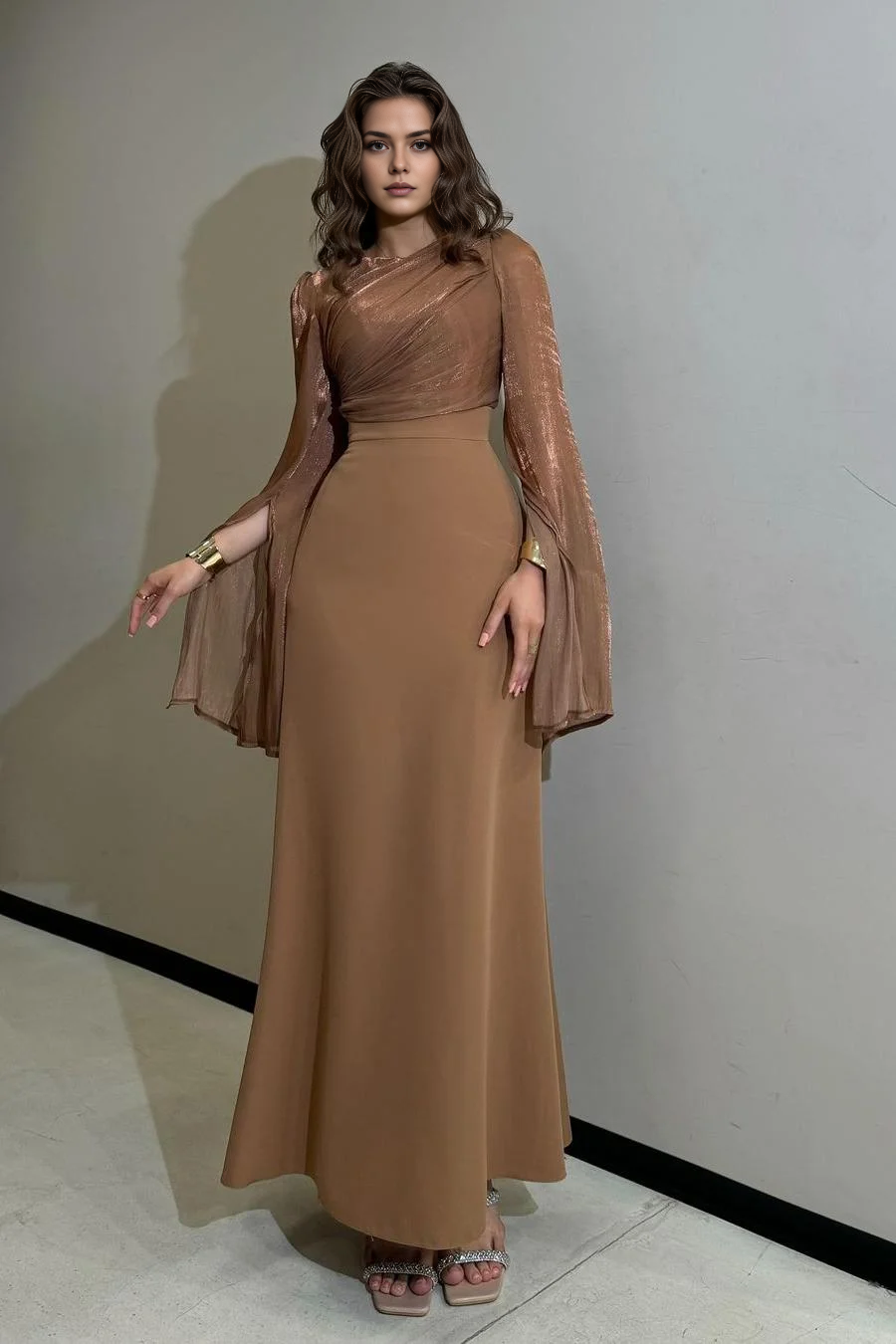 Charming Sheath Round Neck Long Sleeves High Waist Sparkle With Pleated Elegant Evening Gowns Charming Long Prom Dress