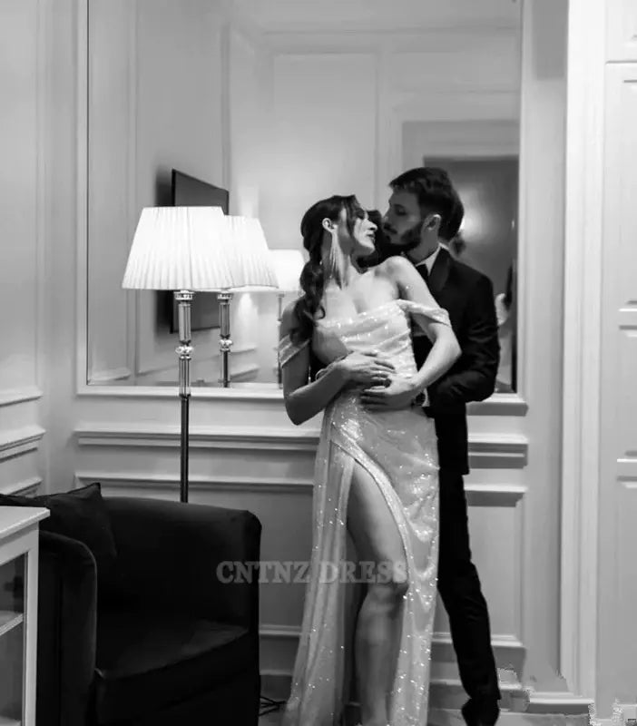 Wholesa Sheath Elegant Off The Shoulder Sequin Silver Slit formal dresses Bridesmaid Dresses evening gown Prom Dress