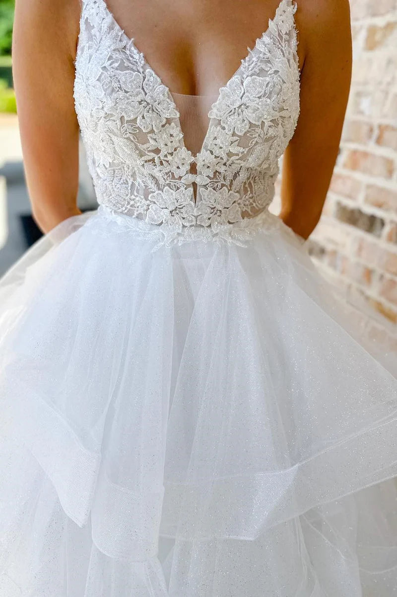 Wholesa A-line Appliques Backless Multi-Layer Long Wedding Dress