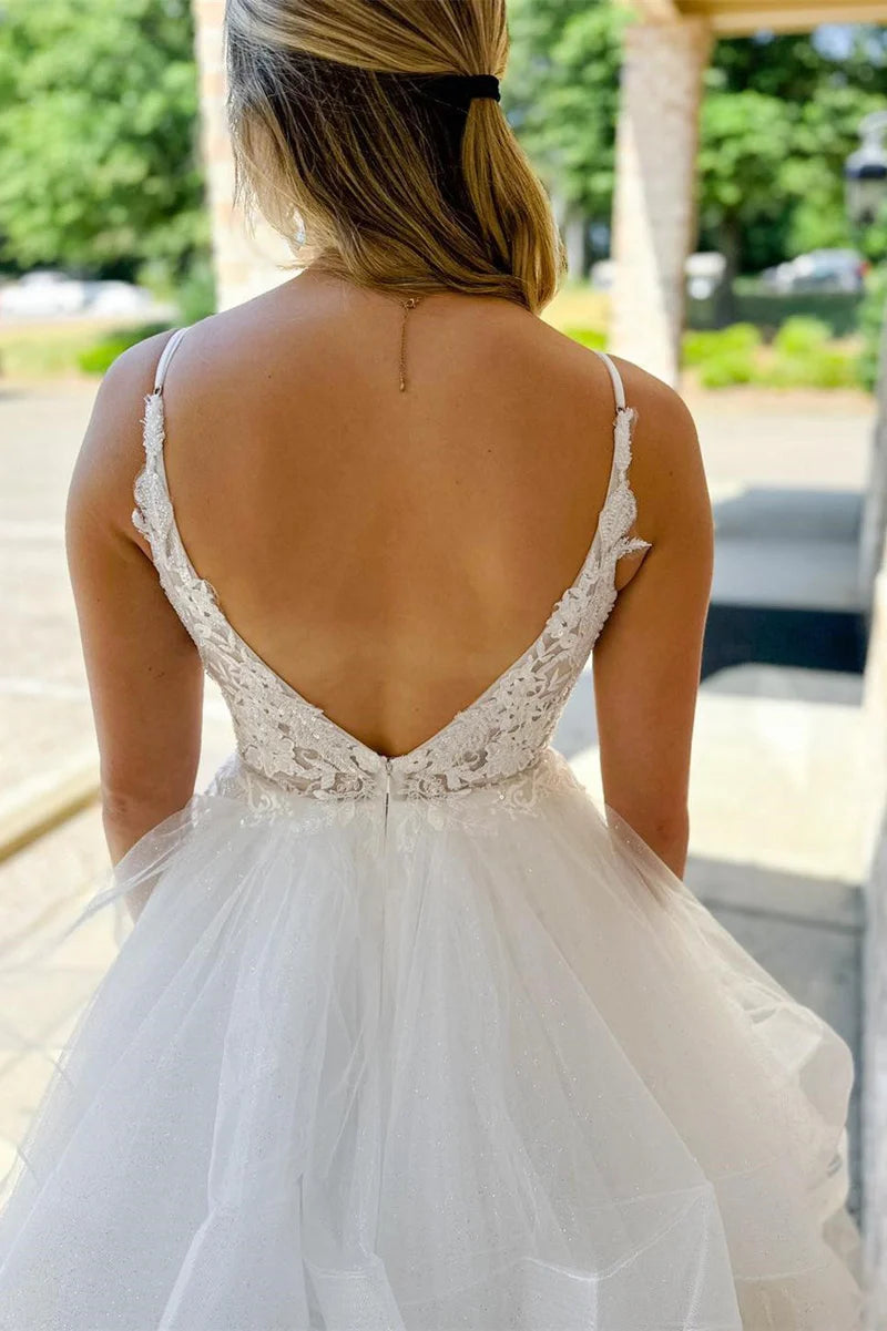 Wholesa A-line Appliques Backless Multi-Layer Long Wedding Dress