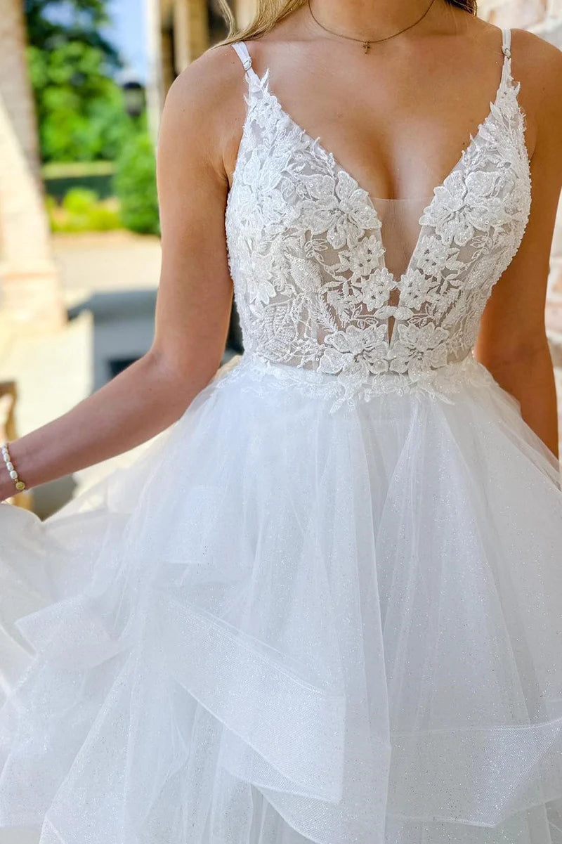 Wholesa A-line Appliques Backless Multi-Layer Long Wedding Dress