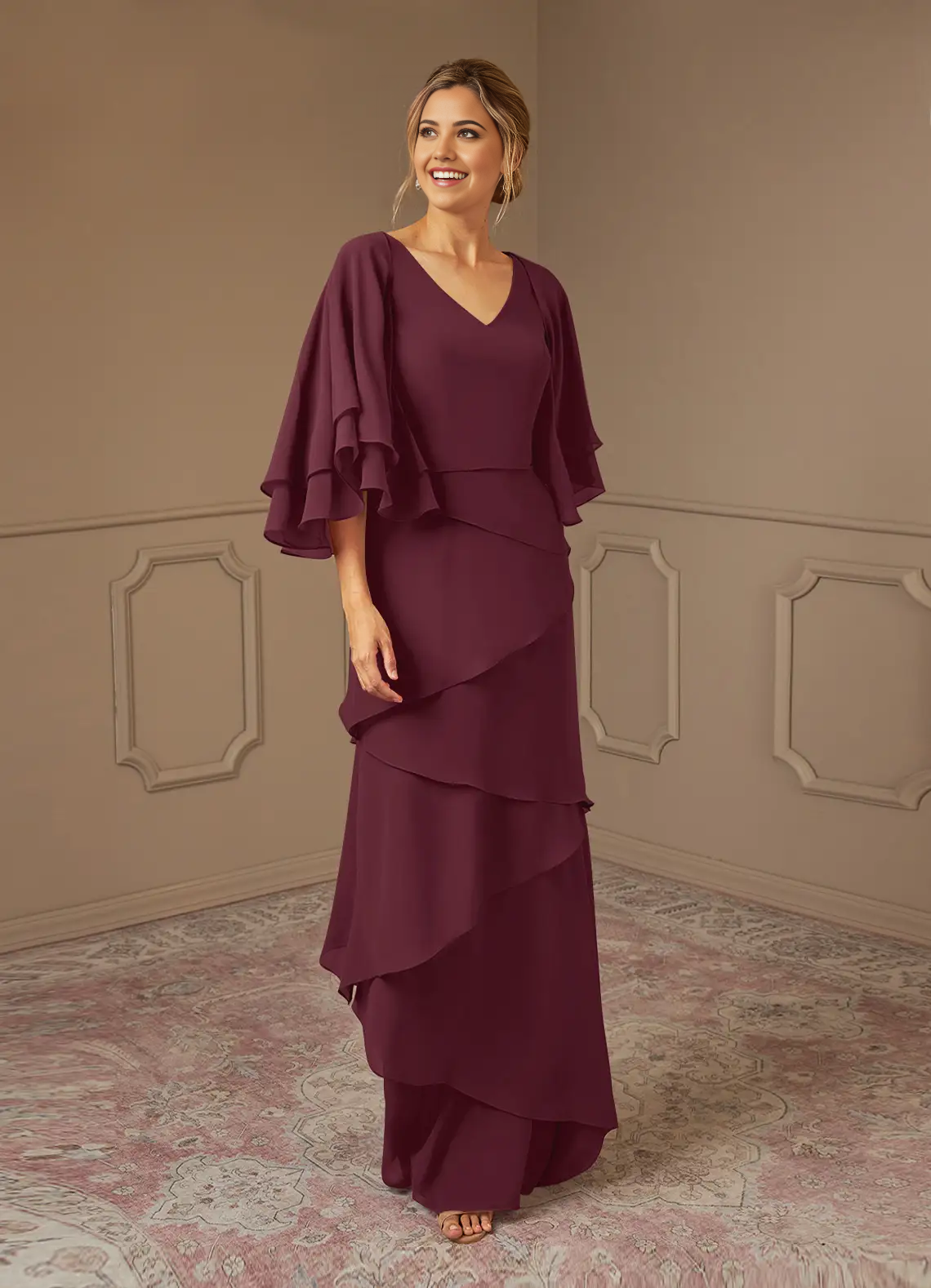 Wholesa A-Line V-Neck Chiffon Cabernet formal dresses Mother of the Bride Dresses