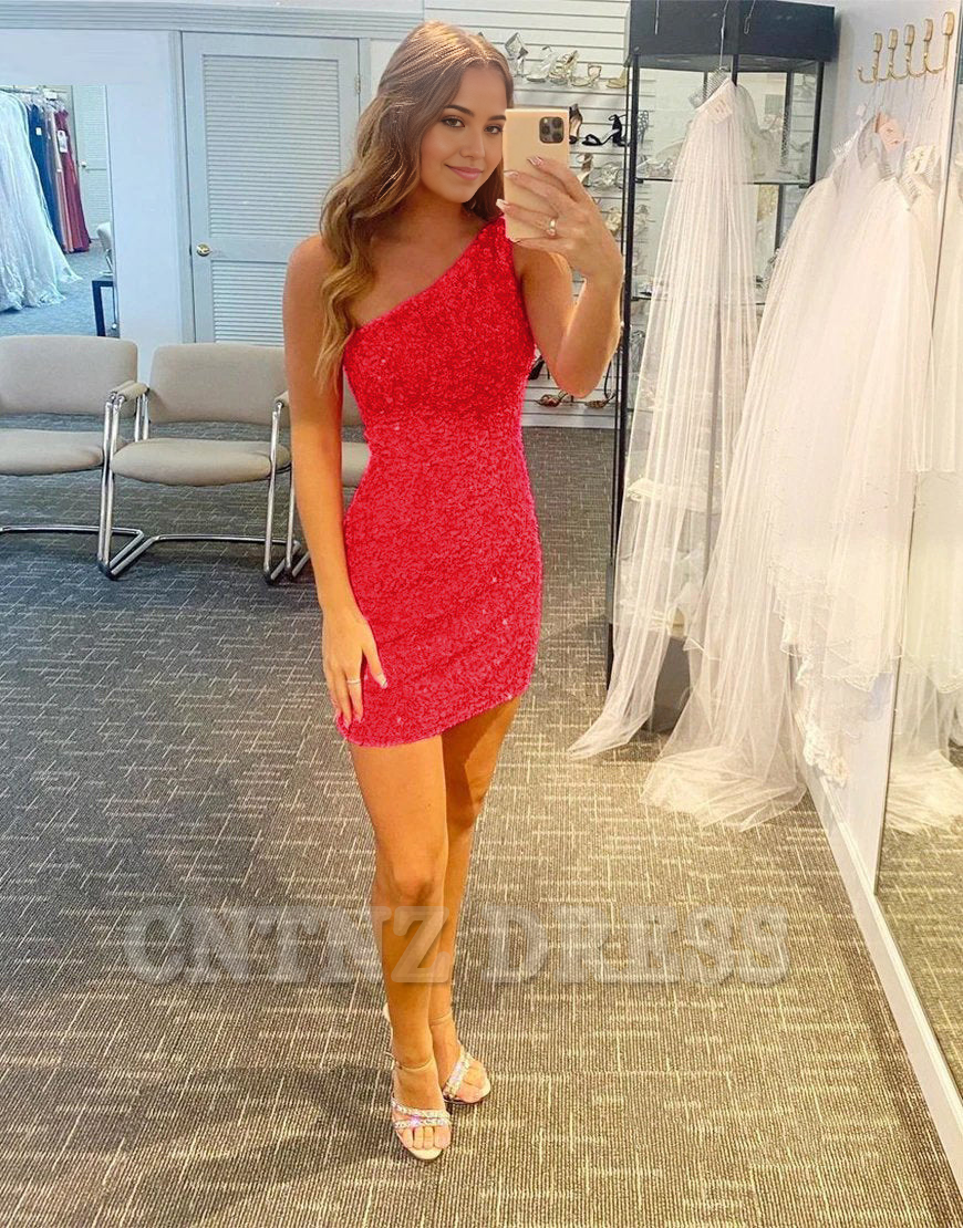 Wholesa Sheath Glitter One-Shoulder Hot Pink formal dresses Bridesmaid Dresses evening gown Prom Dress Homecoming Dress With Sequins