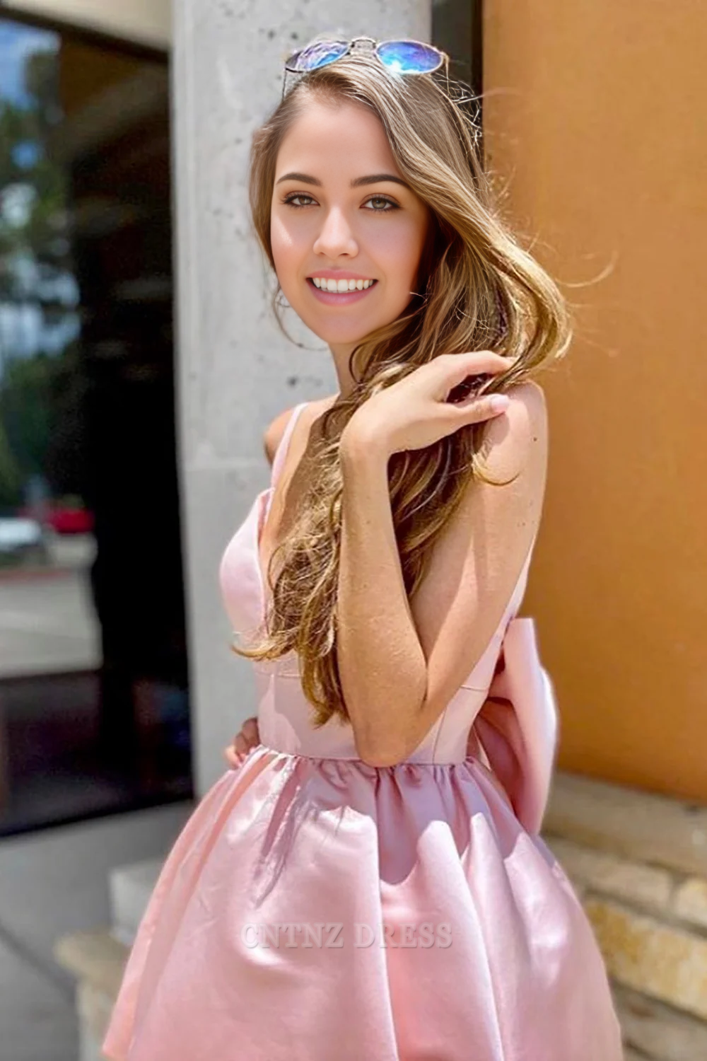 Wholesa A-line Spaghetti Straps Pink formal dresses Bridesmaid Dresses evening gown Prom Dress With Bowtie
