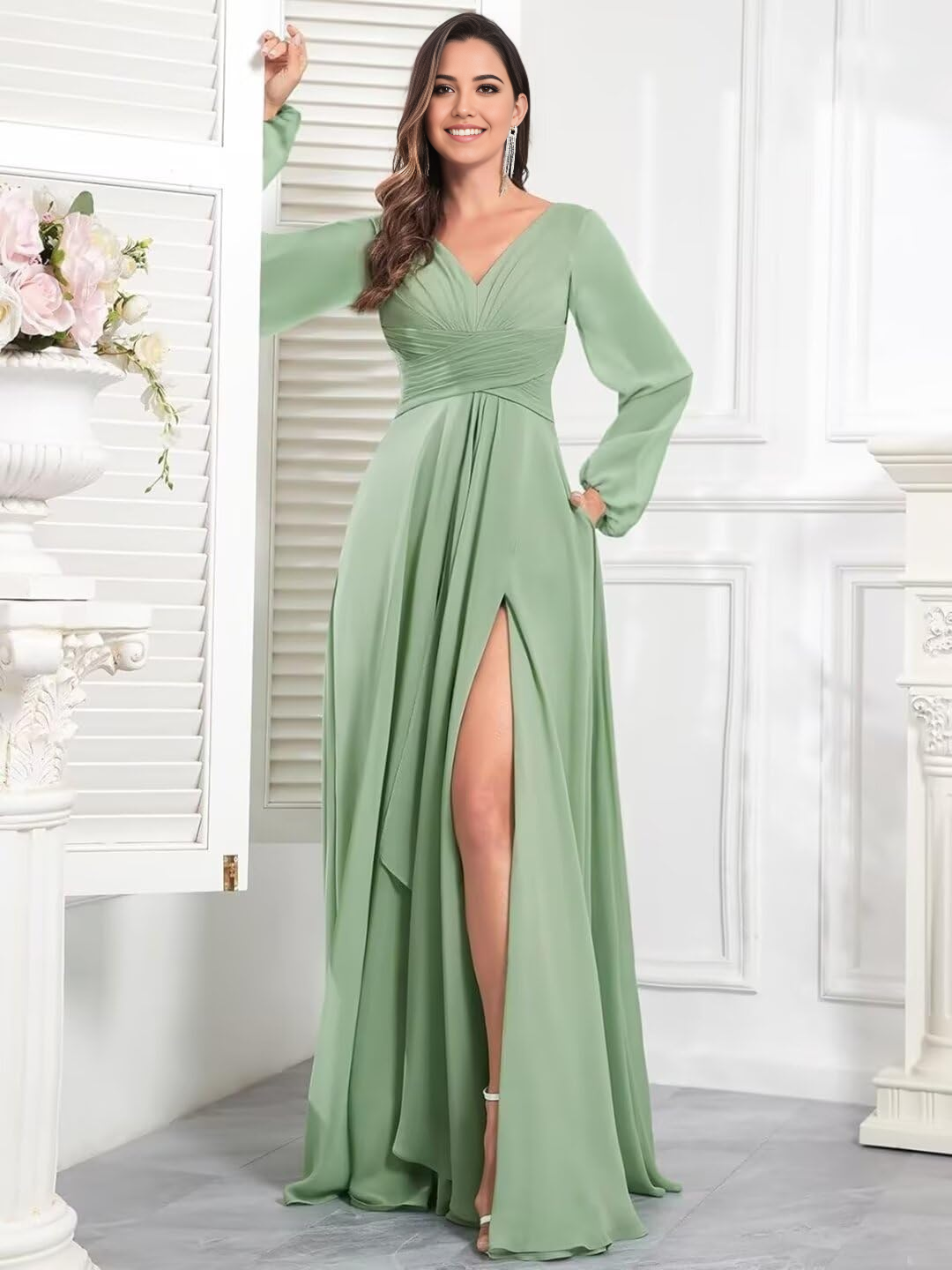 Wholesa A-line V Neck Long Sleeves Ruffle Chiffon formal dresses Bridesmaid Dresses evening gown Prom Dress